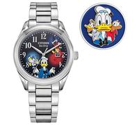 Citizen Eco Drive - Juego de Reloj y Pin de edición Limitada de Disney Feisty Donald Duck 90th Anniversary para Hombre, Reloj de Acero Inoxidable Plateado, 3 manecillas (Modelo: AW1691-66W), Plateado