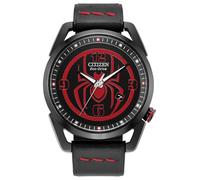 Citizen Eco-Drive Marvel Miles Morales - Reloj de acero inoxidable chapado en iones negros con correa de cuero negro, esfera negra, 42 mm (modelo: AW1685-00W), Negro -, Moderno