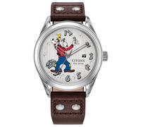 Citizen Eco-Drive Mickey Friends - Caja de Acero Inoxidable de 40,2 mm en Tono Plateado con Correa de Cuero marrón y Esfera Blanca (Estilo: AW1698-08W)