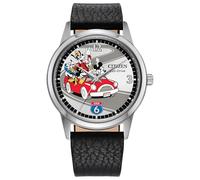 CITIZEN Eco-Drive Mickey Friends - Caja de acero inoxidable de 40 mm en tono plateado con correa de cuero negro y esfera plateada (estilo: FE7110-09W)