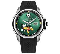 CITIZEN Eco-Drive Mickey Mouse para hombre, caja de acero inoxidable en tono plateado de 44 mm con correa de silicona negra y esfera verde (estilo: AW1656-08W)