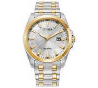 Citizen Eco-Drive Peyton - Reloj clásico para Hombre con Fecha, Cristal de Zafiro y manecillas Luminosas, Correa Plateada/Dorada y Esfera Blanca, 9 Inches, Pulsera Peyten de Acero Inoxidable Bicolor