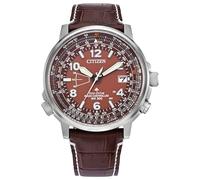 Citizen Eco-Drive Promaster Eco Sky - Reloj de acero inoxidable en tono plateado, correa de cuero marrón, esfera marrón (modelo: CB0248-01X), Marrón, Cielo