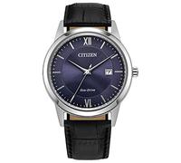 Citizen Eco-Drive - Reloj clásico para hombre de acero inoxidable con correa de piel negra, esfera azul, tono plateado y azul, Tono plateado y azul