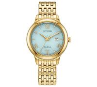 Citizen Eco-Drive - Reloj clásico para mujer, pulsera de acero inoxidable en tono dorado, esfera azul claro, 3 manecillas, fecha (modelo: EW2622-56M)