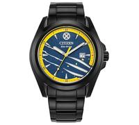 Citizen Eco-Drive - Reloj de pulsera para hombre, chapado en iones de Marvel, con correa de cuero negro y pin, esfera azul, manecillas luminosas, 42 mm (modelo: AW1435-66W), Negro -, Moderno
