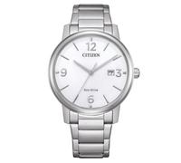 CITIZEN Eco-Drive - Reloj de pulsera solar con fecha y números arábigos en diferentes variantes, White Metal Band, 40 MM, Pulsera