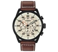 Citizen Eco-Drive - Reloj deportivo casual para hombre, correa de cuero marrón, esfera beige, cronógrafo, fecha (modelo: CA4215-04W)