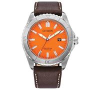Citizen Eco-Drive - Reloj deportivo informal para hombre de acero inoxidable en tono plateado, correa de cuero marrón, esfera naranja (modelo: AW1840-09X), Naranja, Deportivo informal