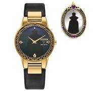 Citizen Eco-Drive - Reloj y pin para mujer, diseño de Disney Villians Evil Queen, caja dorada de acero inoxidable y correa de cuero negro, esfera negra, acento de cristal, fecha (modelo: GA1082-46W),