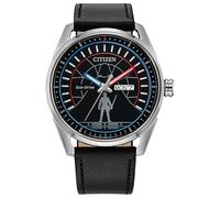 CITIZEN Eco-Drive Star Wars Duel para hombre, caja de acero inoxidable en tono plateado de 42 mm con correa de cuero negro y esfera negra (estilo: AW0160-09W)