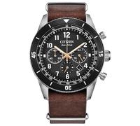 Citizen Eco-Drive Terra Force - Cronógrafo para hombre, caja de acero inoxidable en tono plateado y correa de cuero marrón, Esfera negra, Casual