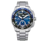 Citizen Eco-Drive WaveTracker para Hombre: Caja de Acero Inoxidable en Tono Plateado de 42 mm con Esfera Azul de Rayos solares y Pantalla LCD MIP (Estilo: JV3006-50L)