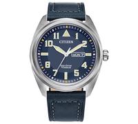 Citizen Eco-Drive Weekender Garrison - Reloj de acero inoxidable en tono plateado, correa de cuero azul, 3 manecillas, día/fecha (modelo: BM8568-01L), Azul, Guarnición