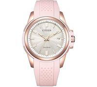 Citizen Eco-Drive Weekender Sport Casual Reloj de acero inoxidable en tono oro rosa, correa de silicona rosa, esfera blanca (Modelo: FE6138-05B), Blanco, Deportivo informal