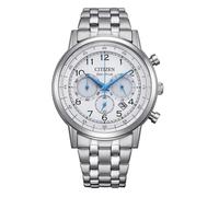 Citizen EcoDrive Classic Chrono white background men's watch CA4630-53A steel case and bracelet