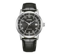 Citizen NJ0210-05E - Reloj automático para hombre con caja de acero inoxidable, cristal de zafiro, esfera negra y correa de piel