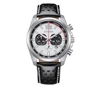 Citizen Reloj CA4640-09A Active Sport Chrono Hombre - Eco Drive, Caja 41mm, Esfera Blanca, Correa de Piel, WR 10 Bar, Taquímetro