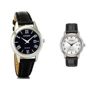 Citizen Reloj Analógico para Mujer de Cuarzo con Correa en Cuero FE1081-08E & Reloj Analógico para Hombre de Cuarzo con Correa en Cuero AW1231-07A