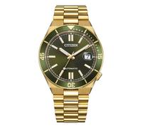 Citizen Reloj automático para hombre Tsuyosa Shore NJ0232-53X | Caja y pulsera chapados en oro amarillo de 40 mm | Esfera verde con cristal de zafiro y lente | Mecánica a la vista | WR 10 bar