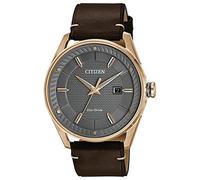 Citizen Reloj Deportivo Casual de 3 manecillas Eco-Drive para Hombre, Fecha, Esfera Estampada, Correa de Cuero marrón, Oro Rosa, Esfera Gris, Cronógrafo, Movimiento de Cuarzo