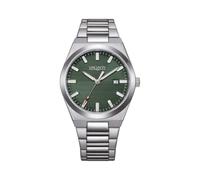 Citizen Vagary by Reloj Hombre Clásico Timeless IB9-719-41 | Caja y Pulsera Acero 38 mm | Esfera Verde a rayas con fecha | Detalle Rojo | Cuarzo | WR 5 bar