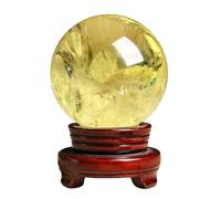 Citrine Ball Crystal Gemstone Sphere with Wooden Base, Yellow Crystal Ball Sphere Sculpture Figurine for Fengshui Divination Home Decoration,9.5cm/3.74in