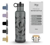 Citron Botella de agua aislada de acero inoxidable, color negro trueno, 750 ml, sin BPA ni plomo, tapas de pajilla a prueba de fugas, mantiene los líquidos fríos durante 24 horas y calientes durante