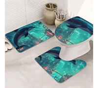 City Dolphins In The Night Sky Print - Juego de 3 alfombras de baño + alfombrilla de contorno + funda para asiento de inodoro, lavable a máquina, antideslizante, de microfibra suave para decoración de