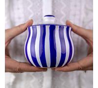 City to Cottage® Azucarera de Cerámica Artesanal con Lengüeta Hecha y Pintada a Mano en Azul a Rayas | Tarro Mermelada