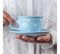 City to Cottage Azul Celeste y Blanco, Lunares, Hecho a Mano por Diseñadores, Cerámica Única de 250 mililitros, Taza de Café Capuchino con Plato