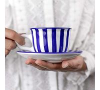 City to Cottage® Azul Marino a Rayas | Hecho a Mano por Diseñadores | Cerámica Única de 9oz/250ml | Taza de Café Capuchino con Plato | Regalo