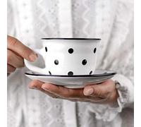 City to Cottage® Blanco y Negro | Lunares | Hecho a Mano por Diseñadores | Cerámica Única de 9oz/250ml | Taza de Café Capuchino con Plato | Regalo