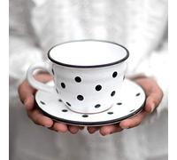 City to Cottage Cerámica en Blanco y Negro, Diseño de Lunares, Hecha y Pintada a Mano, Cerámica Esmaltada 350ml, Taza de Té Café Capuchino con Platito