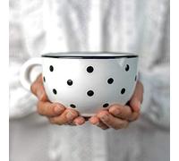 City to Cottage® Cerámica en Blanco y Negro | Diseño de Lunares | Hecha y Pintada a Mano | Cerámica Extra Grande Esmaltada 17.5oz/500ml | Tazón Bol con Asa para Sopa Té Café Capuchino | Regalo