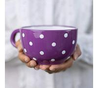 City to Cottage® Cerámica en Morado y Blanco | Diseño de Lunares | Hecha y Pintada a Mano | Cerámica Extra Grande Esmaltada 17.5oz/500ml | Tazón Bol con Asa para Sopa Té Café Capuchino | Regalo