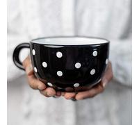 City to Cottage® Cerámica en Negro y Blanco | Diseño de Lunares | Hecha y Pintada a Mano | Cerámica Extra Grande Esmaltada 17.5oz/500ml | Tazón Bol con Asa para Sopa Té Café Capuchino | Regalo