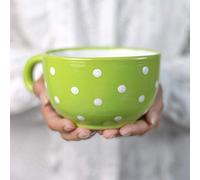 City to Cottage® Cerámica en Verde Lima y Blanco | Diseño de Lunares | Hecha y Pintada a Mano | Cerámica Extra Grande Esmaltada 17.5oz/500ml | Tazón Bol con Asa para Sopa Té Café Capuchino | Regalo