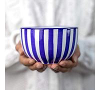 City to Cottage Ciudad a Casa Rural Cerámica en Azul Marino a Rayas, Hecha a Mano, Cerámica Extra Grande Esmaltada 500 Mililitros, Para Sopa Té Café Capuchino