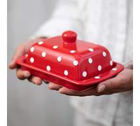 City to Cottage® Mantequera de Cerámica Cubierta con Tapa Diseño de Lunares Hecha y Pintada a Mano en Rojo y Blanco