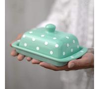 City to Cottage® Mantequera de Cerámica Cubierta con Tapa Diseño de Lunares Hecha y Pintada a Mano en Azul Cerceta y Blanco
