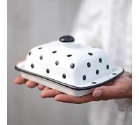 City to Cottage® Mantequera de Cerámica Cubierta con Tapa Diseño de Lunares Hecha y Pintada a Mano en Blanco y Negro