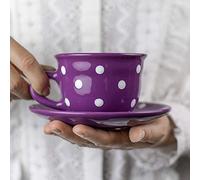 City to Cottage® Morado y Blanco | Lunares | Hecho a Mano por Diseñadores | Cerámica Única de 9oz/250ml | Taza de Café Capuchino con Plato | Regalo