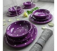 City to Cottage® Set de 12 piezas de Vajilla de Cerámica Pintada a Mano en Morado y Blanco | Vajilla con Diseño de Lunares para 4 | Plato Grande | Plato Pequeño | Plato Hondo