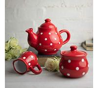 City to Cottage® Set de Tetera, Jarra de Leche y Azucarero de Cerámica Artesanal de Lunares en Rojo y Blanco