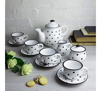 City to Cottage® Set Grande de Tetera, Jarra de Leche y Azucarero de Cerámica con Diseño de Lunares con 4 Tazas y Platitos Hecho y Pintado a Mano en Blanco y Negro, 1,7 L/60 oz/4-6 Tazas