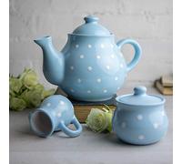 City to Cottage® Set Grande de Tetera, Jarra de Leche y Azucarero de Cerámica con Diseño de Lunares Hecho y Pintado a Mano en Azul Celeste y Blanco, 1,7 L/60 oz/4-6 Tazas