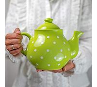 City to Cottage® Tetera Grande de Cerámica Artesanal con Asa y Tapa, Diseño de Lunares en Verde Lima y Blanco, 1,7 L/60oz/4-6 Tazas