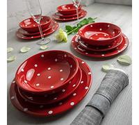 City to Cottage - Vajilla para 4 personas, 12 piezas, cerámica, pintado a mano, color rojo y blanco