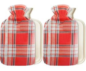 CityComfort Bolsa de Agua Caliente con Funda Forro Polar 1.5L, Botella Reutilizable Goma para Aliviar Dolor y Mantener Calor, Regalos Invierno (Rojo/Gris Cuadro) (Paquete de 2)